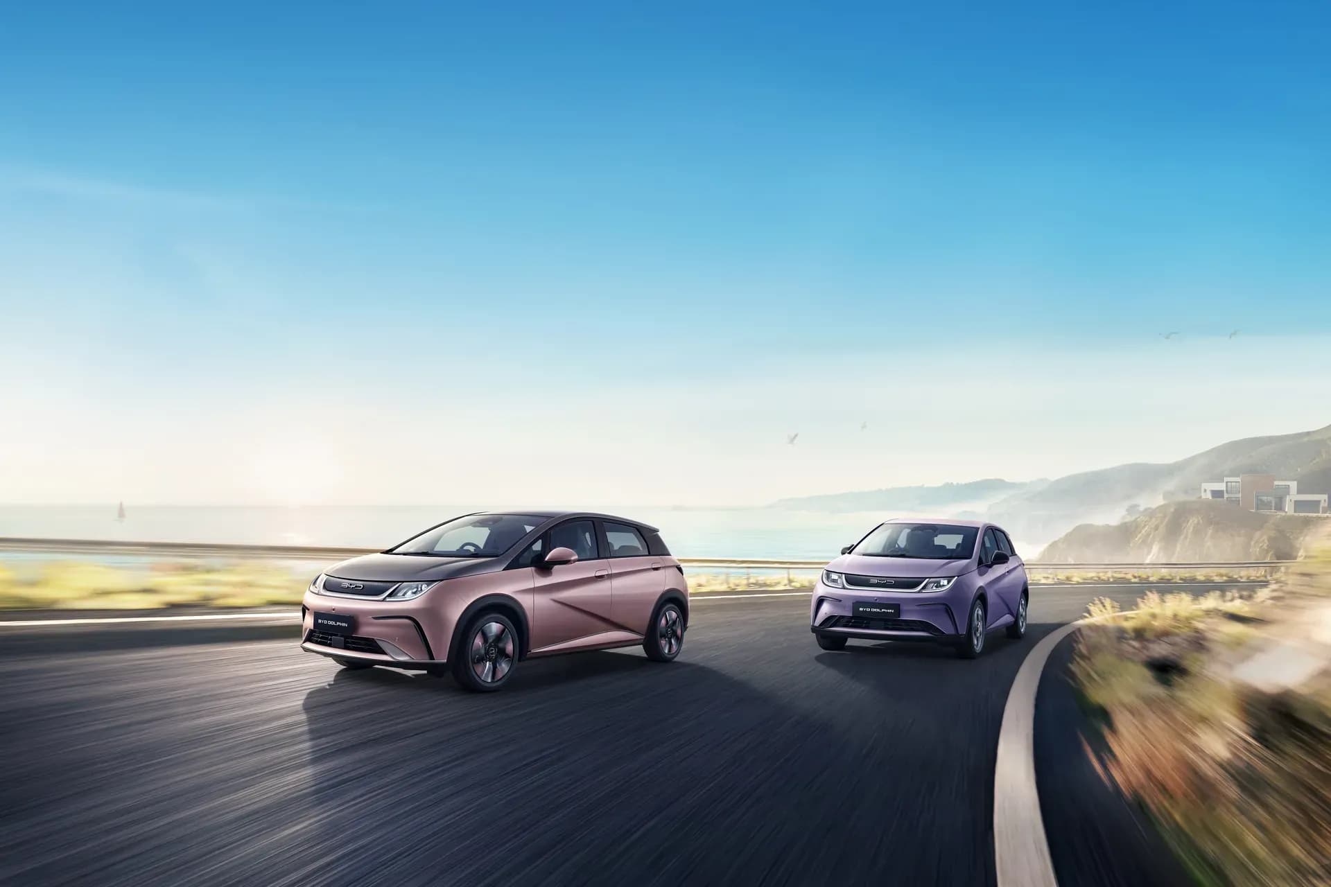 Dua unit BYD Dolphin warna Coral Pink + Urban Grey dan Maldive Purple melaju di jalan tepi pantai