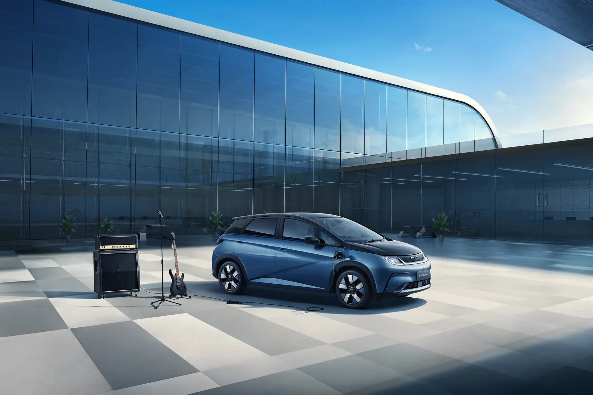 BYD Dolphin warna Atlantis Grey + Delan Black menyalurkan listrik ke amplifier gitar melalui fitur V2L