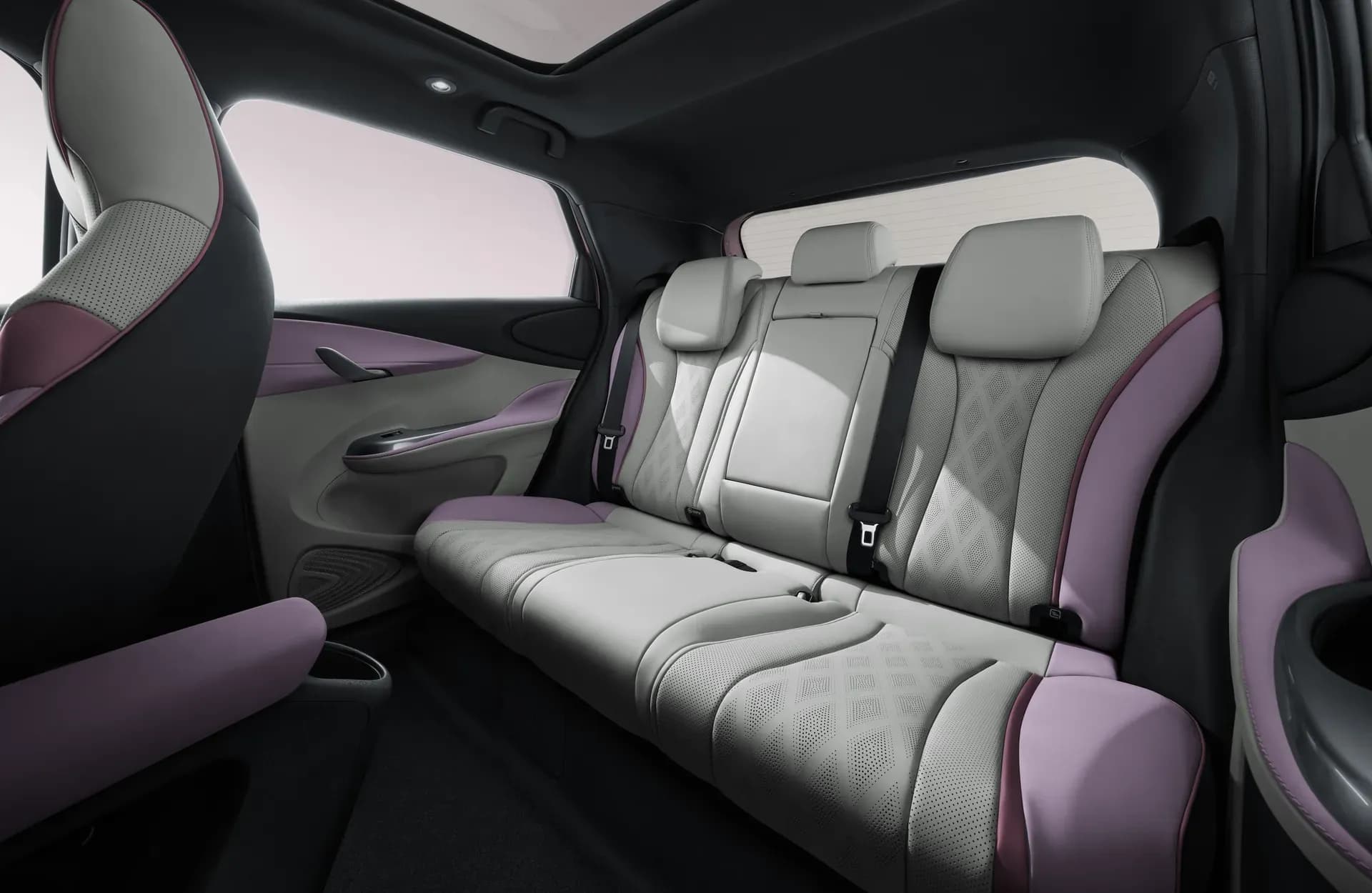 Kursi belakang BYD Dolphin dengan interior Pink + Grey